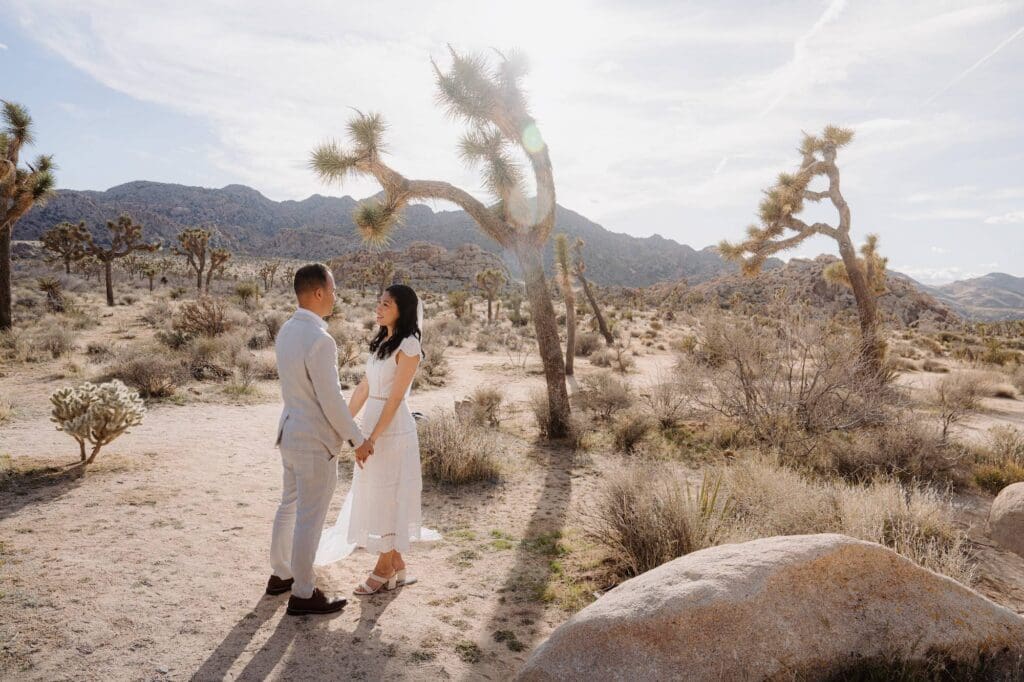 Romantic Elopement in Joshua Tree | Desert Light & Intimate Vows Bride and groom holding hands during their Joshua Tree elopement