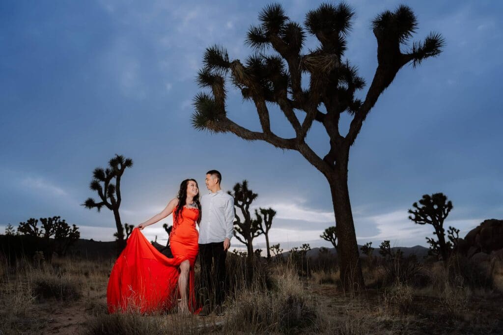 Couple in red dress and white shirt standing under a Joshua Tree at Cap Rock during blue hour with dramatic off-camera lighting
